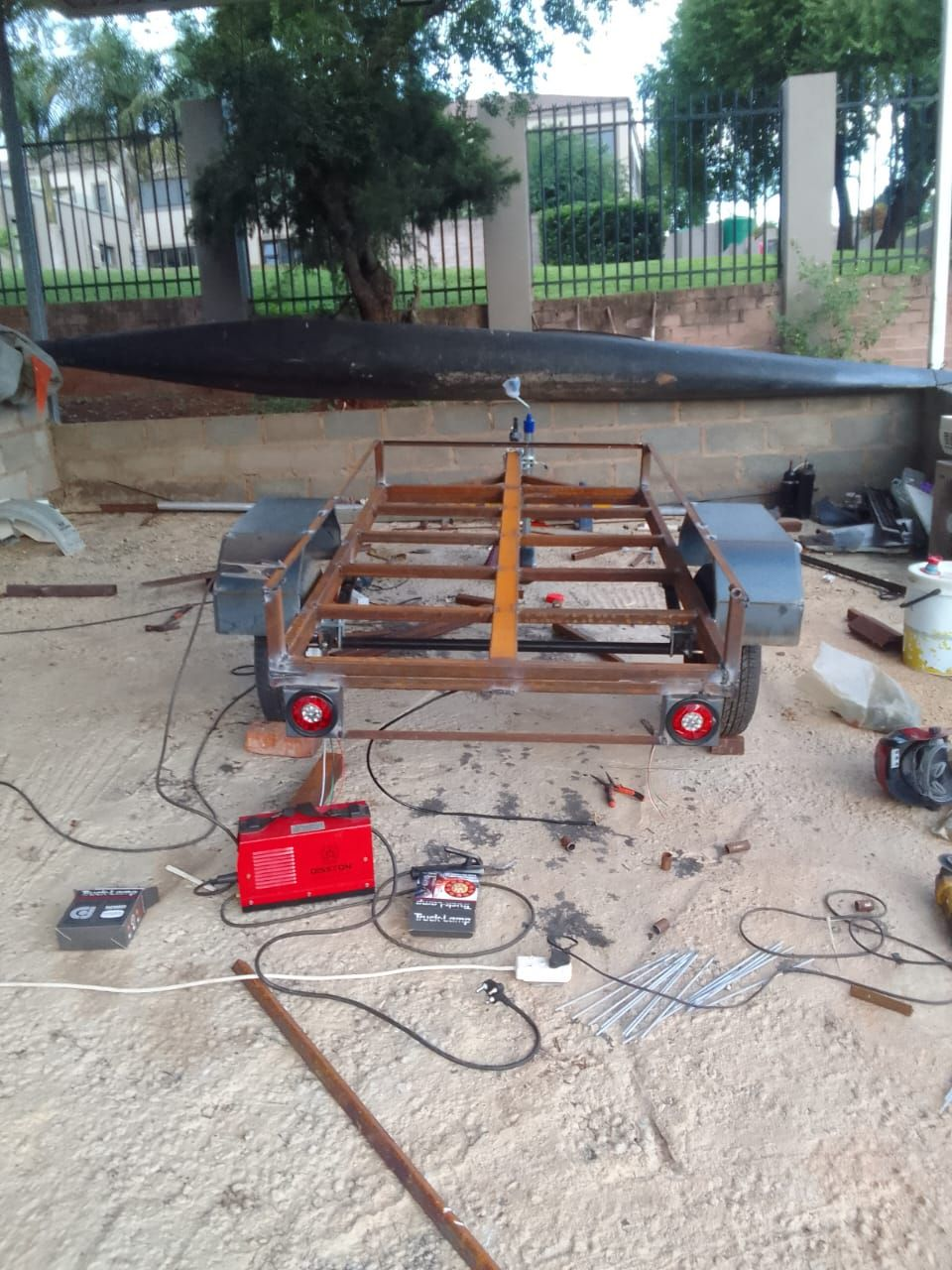 Steel trailer chassis being fabricated in the workshop
