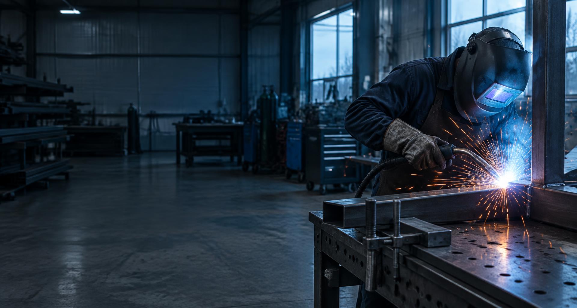 Welder working on steel fabrication in an industrial workshop